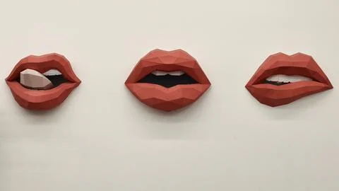 Polygonal red lips collection displays expressive mouth emotions on white w.. Stock Illustration