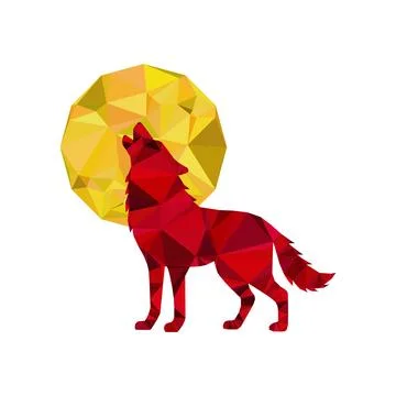 Polygonal Red Wolf Howling at Full Yellow Moon Illustration Stock Illustration
