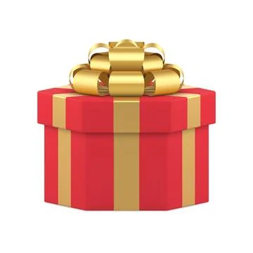 Polygonal red wrapped gift box with golden metallic bow ribbon realistic vect Stock Illustration
