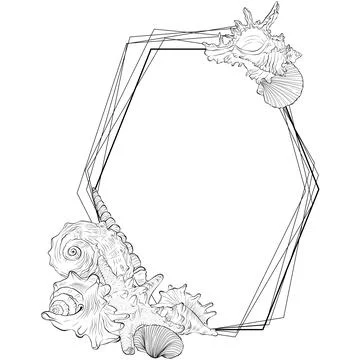Polygonal shape frame from hand drawn sea shells and starfish Stock Illustration