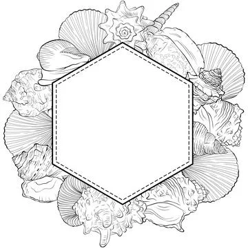 Polygonal shape frame from hand drawn sea shells Stock Illustration