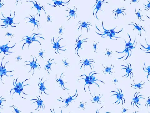 Polygonal spiders seamless pattern. Silhouettes of blue spiders on a white .. Illustrazione stock