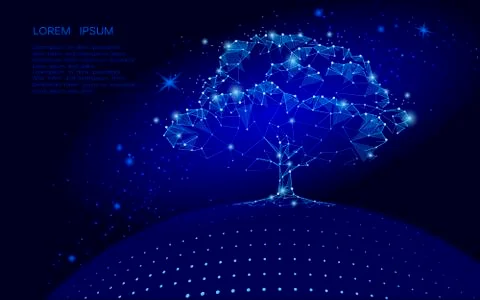 Polygonal tree on dark blue sky background. Earth eco globe concept. Connec.. Stock Illustration