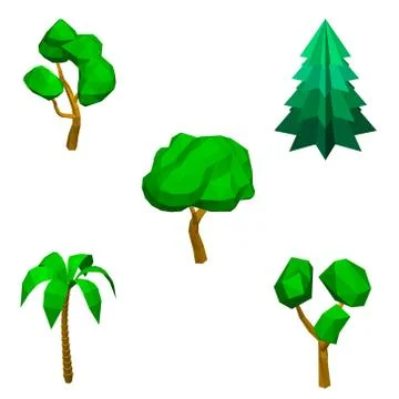 Polygonal trees set. Isolated on white background. 3d Vector illustration. Иллюстрация