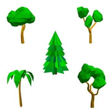 Polygonal trees set. Isolated on white background. 3d Vector illustration. Иллюстрация