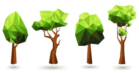 Polygonal trees set isolated on white background. Stock Illustration