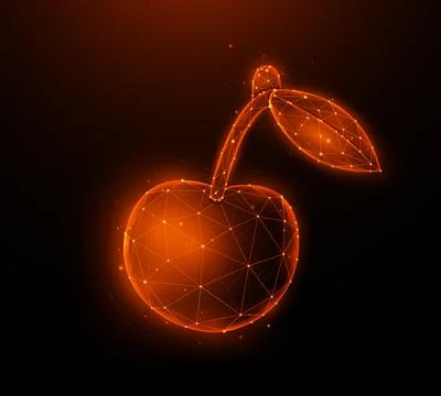 Polygonal vector illustration of cherry on a dark red background. Fruit in .. Stock Illustration