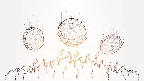 Polygonal vector illustration of falling coins in flames of fire. Burning coi Stock Illustration