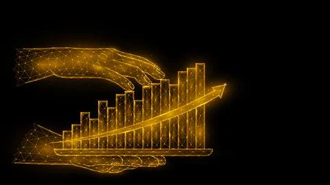 Polygonal vector illustration of a hand holding a tablet with a hologram of a Stock Illustration