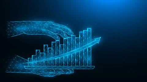 Polygonal vector illustration of a hand holding a tablet with a hologram of a Stock Illustration