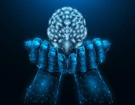 Polygonal vector illustration of a hand with a human brain. Donor low poly ar Stock Illustration