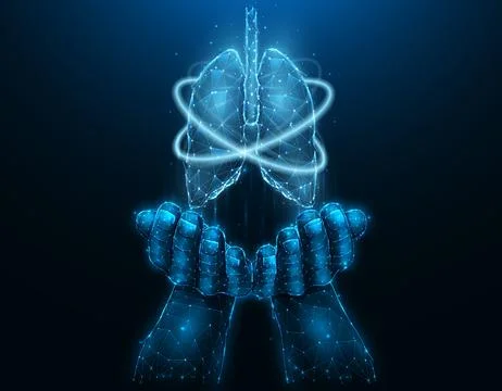 Polygonal vector illustration of a hand with human lungs. Lung recovery. Orga Stock Illustration