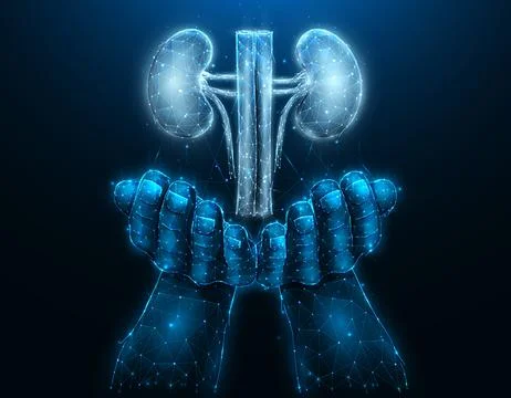 Polygonal vector illustration of a hand with human kidneys. Organ donation co Stock Illustration