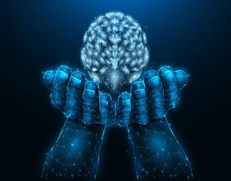  Polygonal vector illustration of a hand with a human brain. Donor low pol... Stock Photos