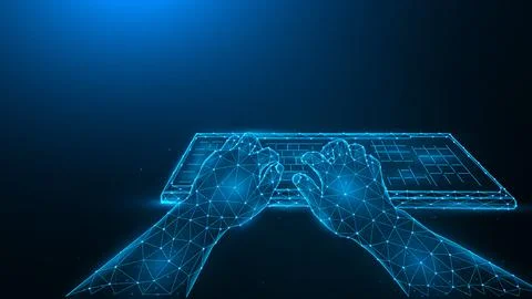 Polygonal vector illustration of hands and computer keyboard on a dark blue b Stock Illustration