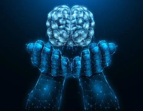 Polygonal vector illustration of a human brain on the palm of a hand. Imagina Stock Illustration