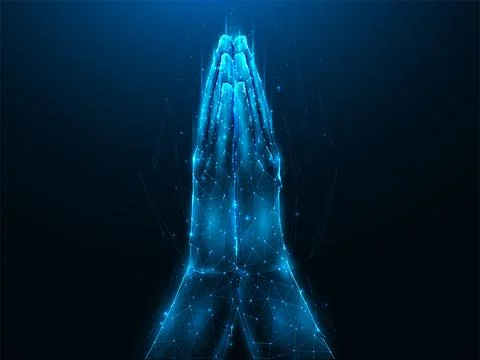 Polygonal vector illustration of praying hands on dark blue background. Pray  Stock Illustration