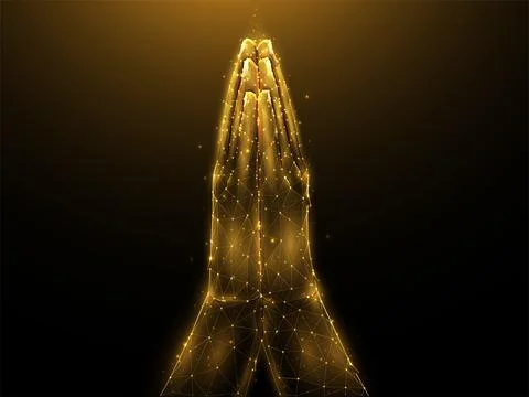 Polygonal vector illustration of praying hands on dark background. Pray low p Stock Illustration