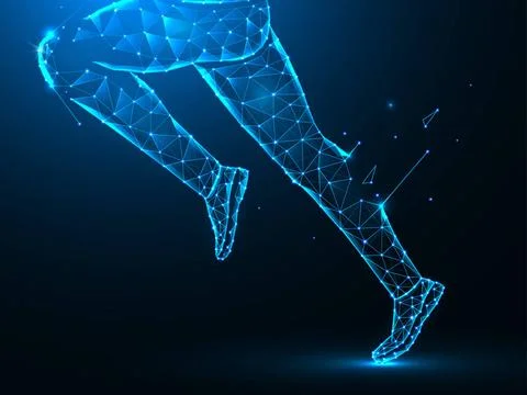Polygonal vector illustration of running legs on a dark blue background. P... Stock Photos