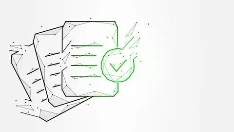 Polygonal vector illustration of sheets of paper with approved mark, confirme Stock Illustration