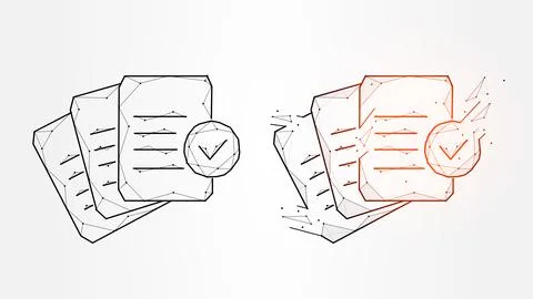 Polygonal vector illustration of sheets of paper with approved mark, confirme Stock Illustration