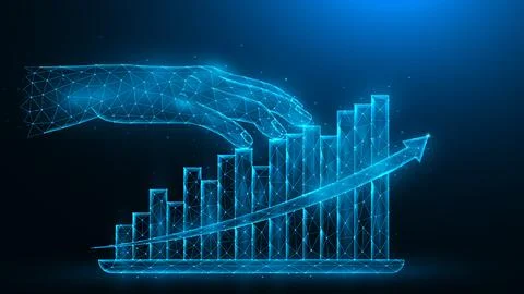 Polygonal vector illustrations of the hand and analytical graphics on a dark  Stock Illustration