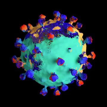 Polygonal virus changes color on black background Stock Illustration