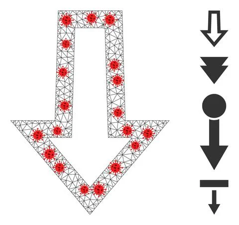 Polygonal Wire Frame Arrow Down Pictogram with Coronavirus Elements Stock Illustration