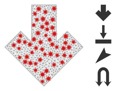 Polygonal Wire Frame Arrow Down Pictogram with Pathogen Centers Stock Illustration