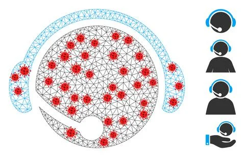 Polygonal Wire Frame Call Center Operator Icon with Coronavirus Nodes Illustrazione stock