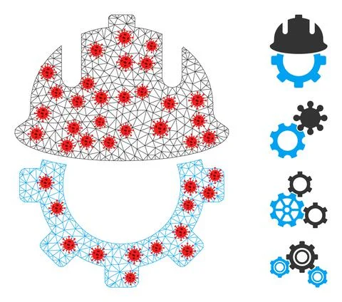 Polygonal Wire Frame Development Helmet Pictogram with Pathogen Items Stock Illustration