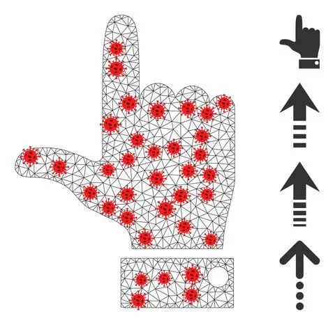 Polygonal Wire Frame Hand Pointer Up Icon with Coronavirus Elements Stock Illustration