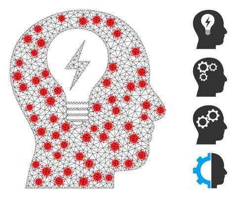 Polygonal Wire Frame Head Bulb Icon with Coronavirus Elements Stock Illustration
