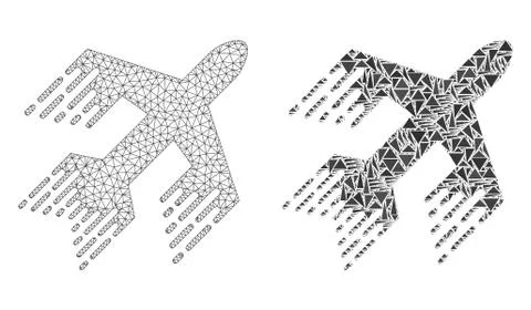 Polygonal Wire Frame Mesh Jet Plane and Mosaic Icon 스톡 일러스트