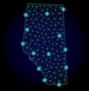 Polygonal Wire Frame Mesh Map of Alberta Province with Light Spots Stock Illustration