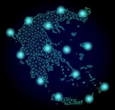 Polygonal Wire Frame Mesh Map of Greece with Light Spots Stock Illustration