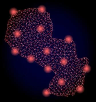 Polygonal Wire Frame Mesh Map of Paraguay with Red Light Spots Illustrazione stock