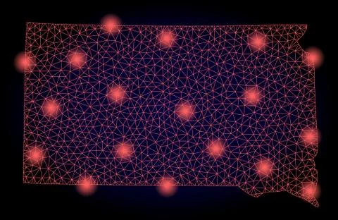 Polygonal Wire Frame Mesh Map of South Dakota State with Red Light Spots 스톡 일러스트