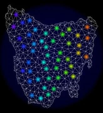 Polygonal Wire Frame Mesh Map of Tasmania Island with Bright Light Spots Stock Illustration