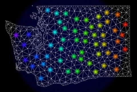 Polygonal Wire Frame Mesh Map of Washington State with Bright Light Spots Stock Illustration