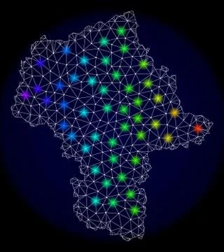 Polygonal Wire Frame Mesh Map of Masovian Voivodeship with Colorful Light Spots Stock Illustration