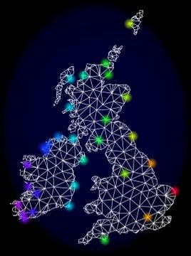 Polygonal Wire Frame Mesh Map of Great Britain and Ireland with Bright Spectrum 스톡 일러스트