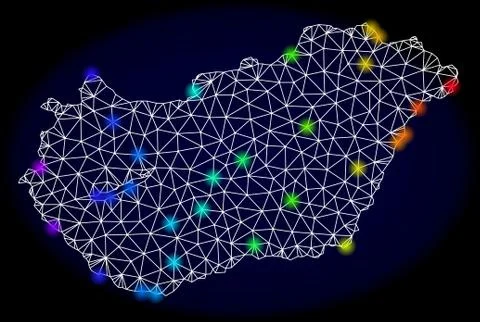 Polygonal Wire Frame Mesh Map of Hungary with Colorful Spectrum Light Spots Stock Illustration