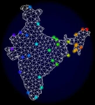 Polygonal Wire Frame Mesh Map of India with Colorful Spectrum Light Spots Stock Illustration