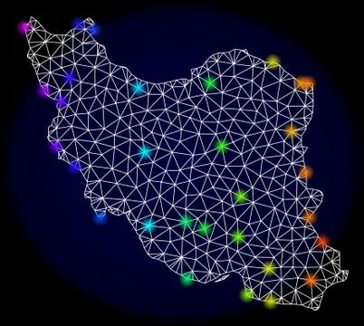Polygonal Wire Frame Mesh Map of Iran with Colorful Spectrum Light Spots Stock Illustration