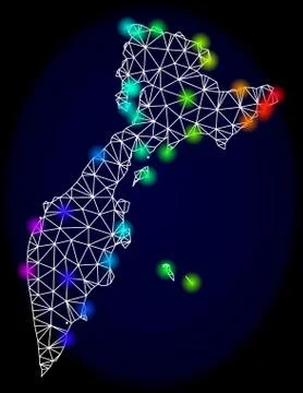 Polygonal Wire Frame Mesh Map of Kamchatka Peninsula with Bright Spectrum Light Stock Illustration