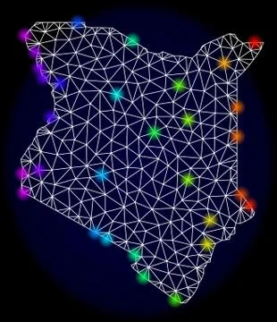 Polygonal Wire Frame Mesh Map of Kenya with Bright Spectrum Light Spots Stock Illustration