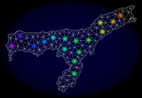 Polygonal Wire Frame Mesh Map of Assam State with Colorful Light Spots Illustrazione stock