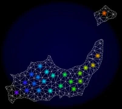 Polygonal Wire Frame Mesh Map of Inagua Islands with Colorful Light Spots Stock Illustration