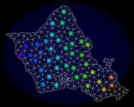 Polygonal Wire Frame Mesh Map of Oahu Island with Colorful Light Spots Stock Illustration